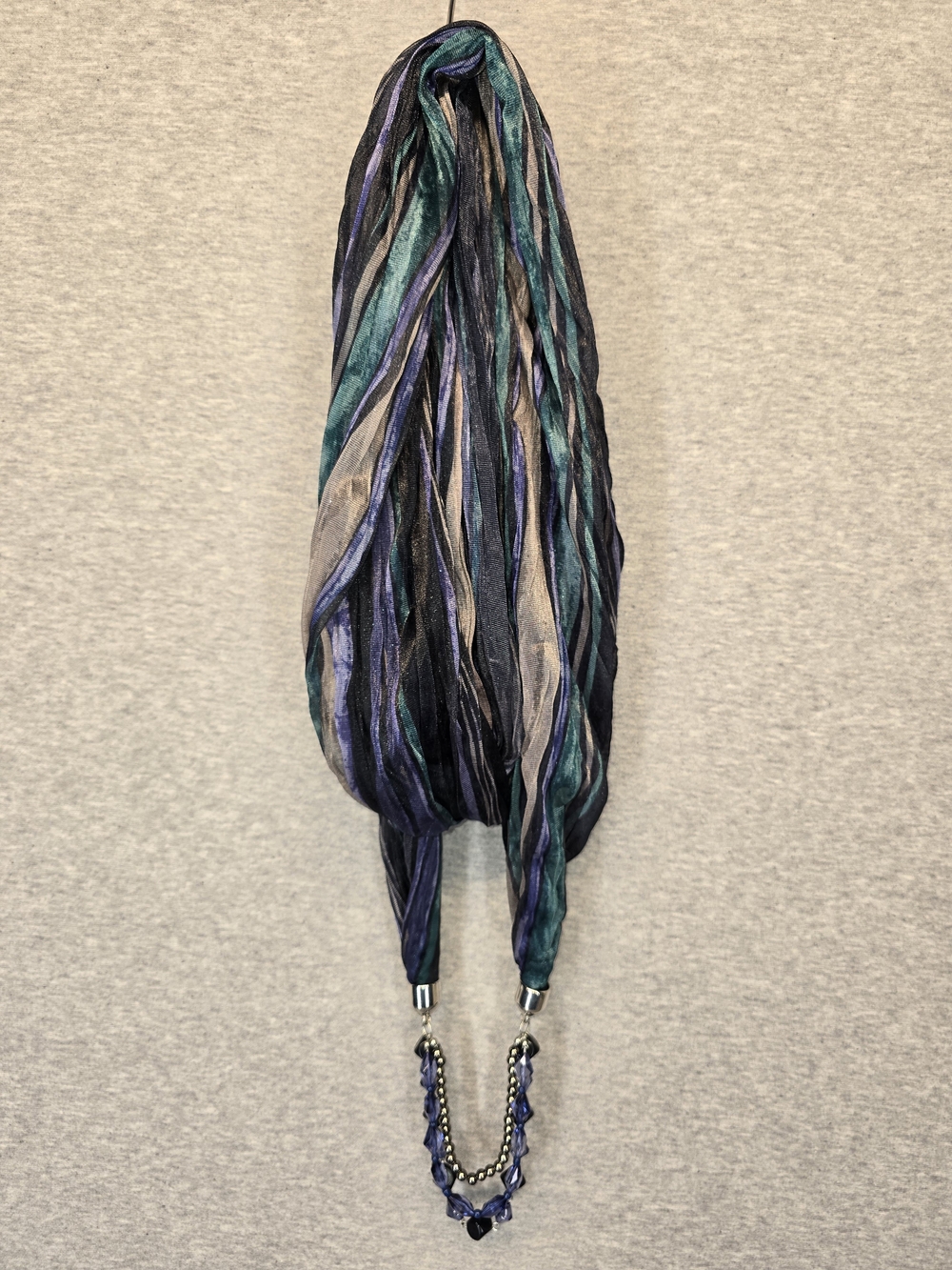 Teal Purple Black Striped‎ Scarf Necklace Lightweight Fabric Beaded Accent